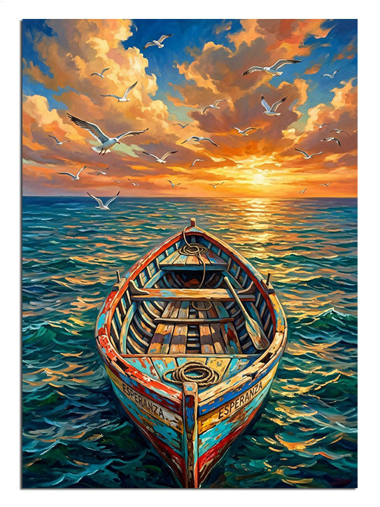 Gün batımında denizde eski renkli ve desenli kayık