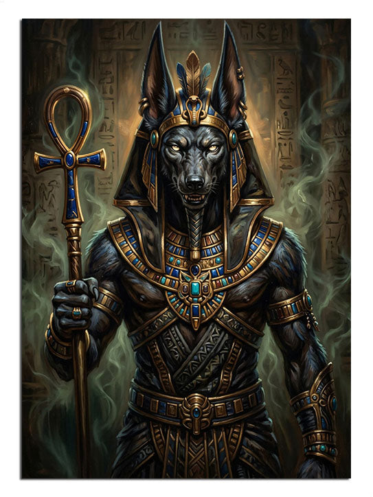Asalı ve zırhlı ve Anubis ve çakal başlı tanrısı heykeli