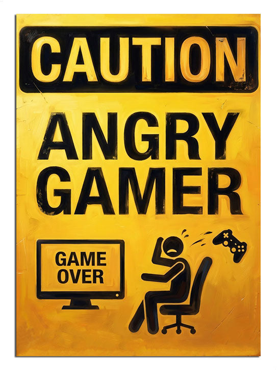 CAUTION ANGRY GAMER ve GAME OVER ve sarı tabela