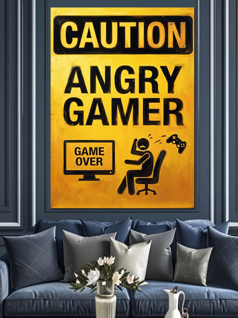 CAUTION ANGRY GAMER Yazılı ve Sarı Tabela Kanvas Tablo