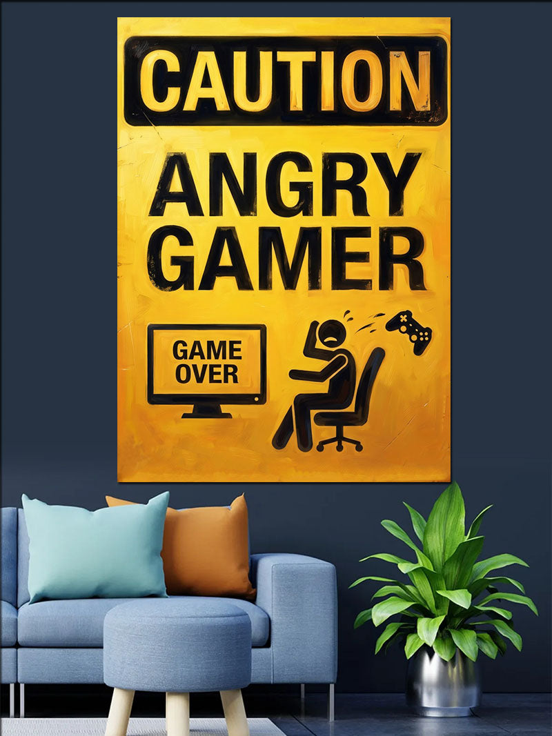 CAUTION ANGRY GAMER Yazılı ve Sarı Tabela Kanvas Tablo