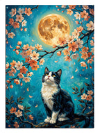 Dolunaylı ve kiraz çiçekli ve kedi ve ay ışıklı gece