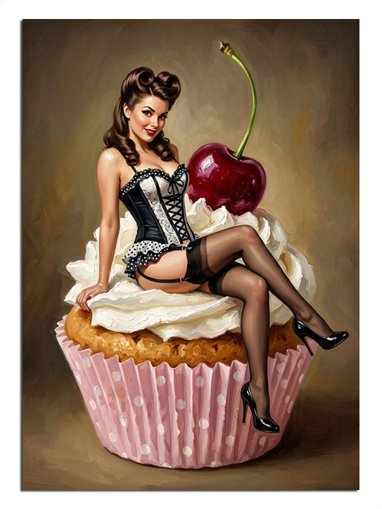 Kiraz üzerinde ve cupcake üzerinde oturan ve iç çamaşırlı pin-up kadın