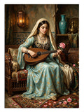 Bağlama çalan ve başörtülü ve elbiseli ve gül tutan kadın