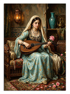 Bağlama çalan ve başörtülü ve elbiseli ve gül tutan kadın