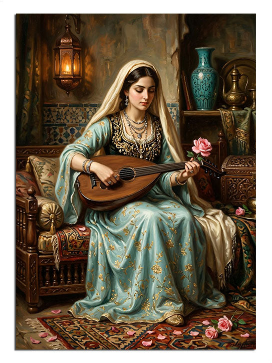 Bağlama çalan ve başörtülü ve elbiseli ve gül tutan kadın