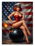 Bomba üzerinde oturan ve kırmızı mayolu ve Amerikan bayraklı ve yanan fitilli pin-up kadın