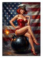 Bomba üzerinde oturan ve kırmızı mayolu ve Amerikan bayraklı ve yanan fitilli pin-up kadın