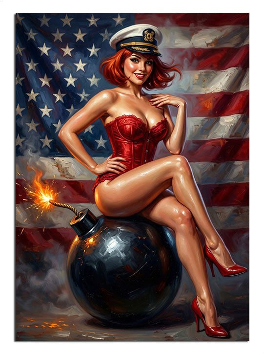 Bomba üzerinde oturan ve kırmızı mayolu ve Amerikan bayraklı ve yanan fitilli pin-up kadın