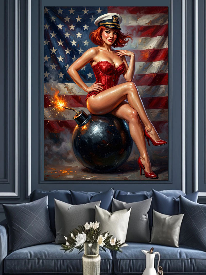 Bomba Üzerinde Oturan ve Kırmızı Mayolu ve Amerikan Bayraklı Pin-up Kadın Kanvas Tablo