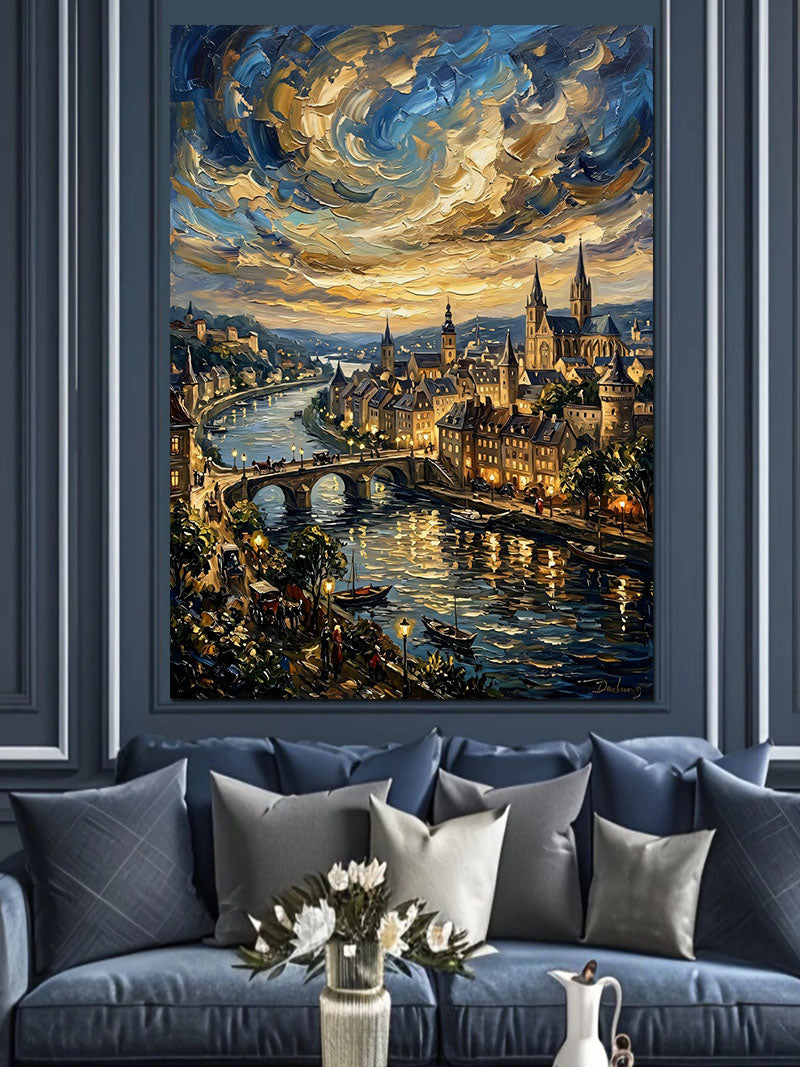Van Gogh Tarzı Nehir ve Şehir ve Yıldızlı Gece Kanvas Tablo