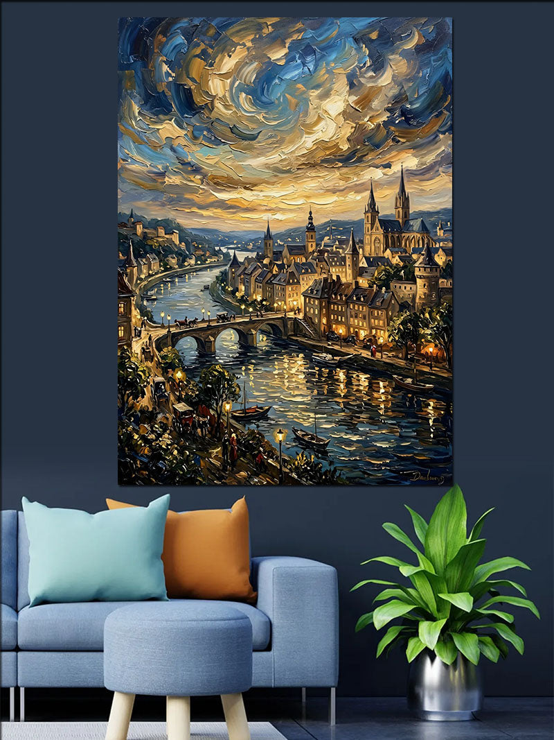 Van Gogh Tarzı Nehir ve Şehir ve Yıldızlı Gece Kanvas Tablo