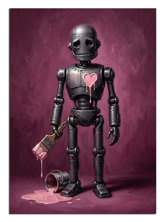 Pembe boyalı ve kalpli ve fırçalı ve kovayla robot