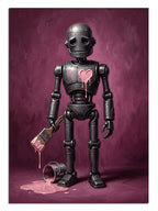 Pembe boyalı ve kalpli ve fırçalı ve kovayla robot