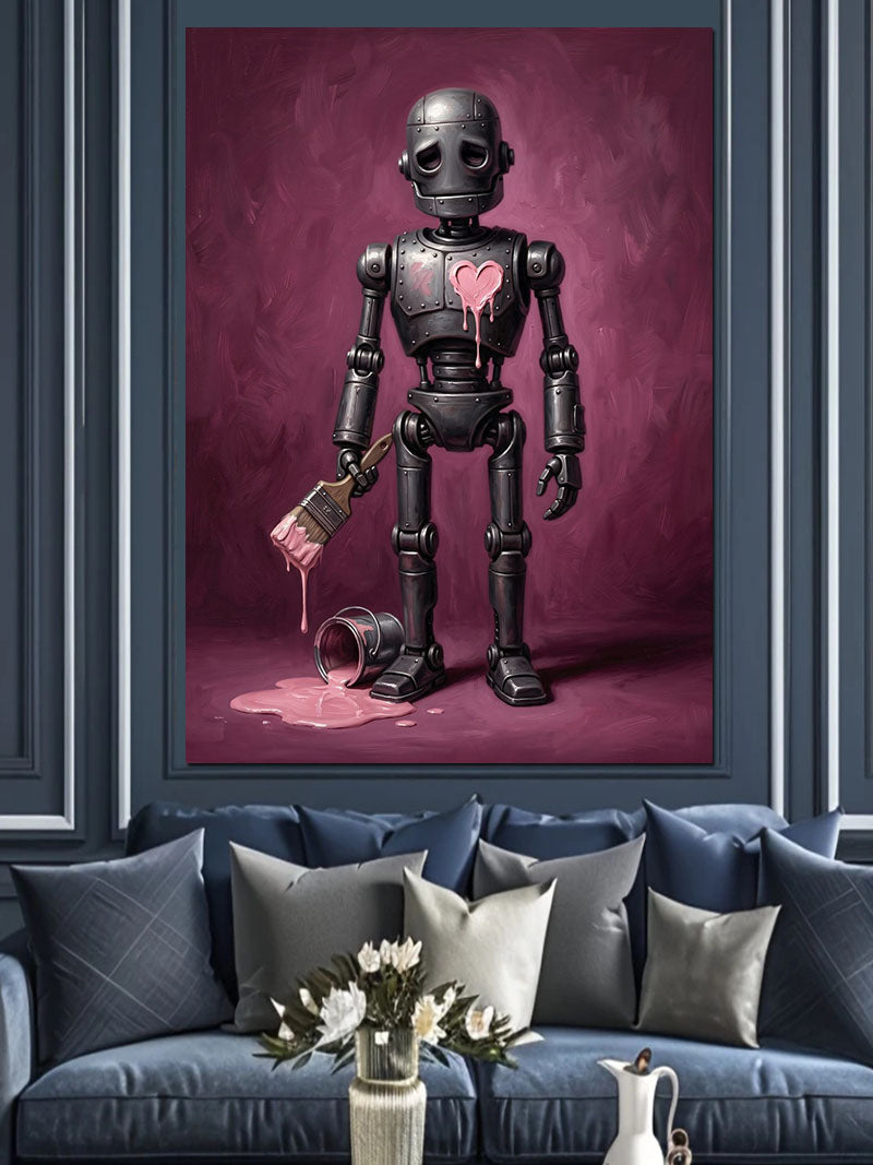 Pembe Boyalı ve Kalpli ve Fırçalı Robot Kanvas Tablo