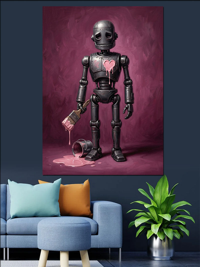Pembe Boyalı ve Kalpli ve Fırçalı Robot Kanvas Tablo