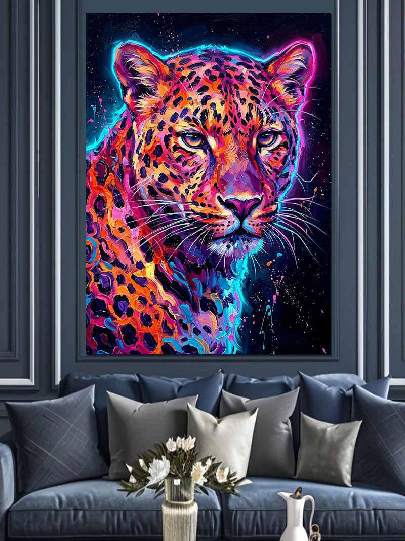 Neon Renkli Leopar Baş Portresi Kanvas Tablo