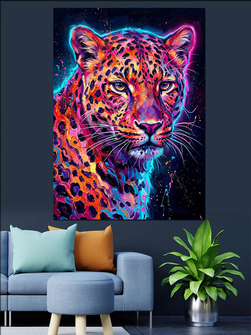 Neon Renkli Leopar Baş Portresi Kanvas Tablo
