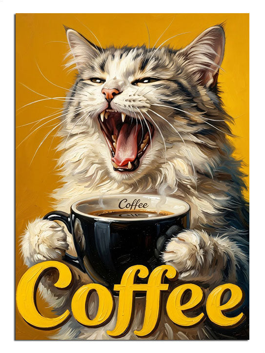 Kahve fincanlı ve esneyen ve sarı fonlu kedi Coffee yazılı