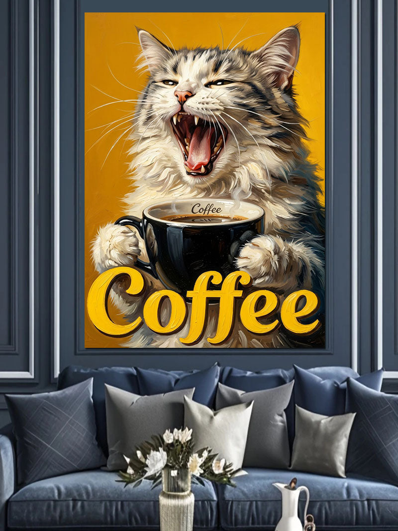 Kahve Fincanlı ve Esneyen Kedi Coffee Yazılı Kanvas Tablo