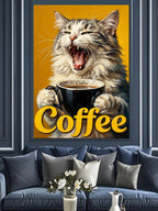 Kahve Fincanlı ve Esneyen Kedi Coffee Yazılı Kanvas Tablo