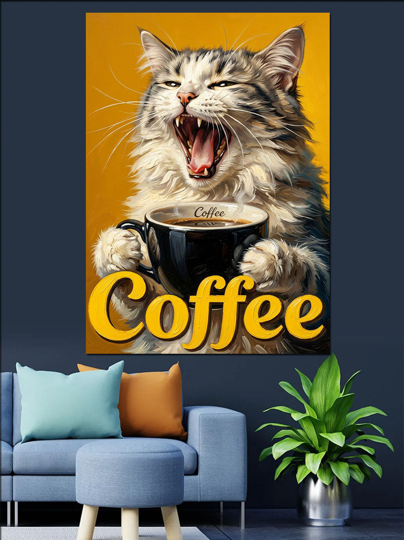 Kahve Fincanlı ve Esneyen Kedi Coffee Yazılı Kanvas Tablo