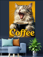 Kahve Fincanlı ve Esneyen Kedi Coffee Yazılı Kanvas Tablo