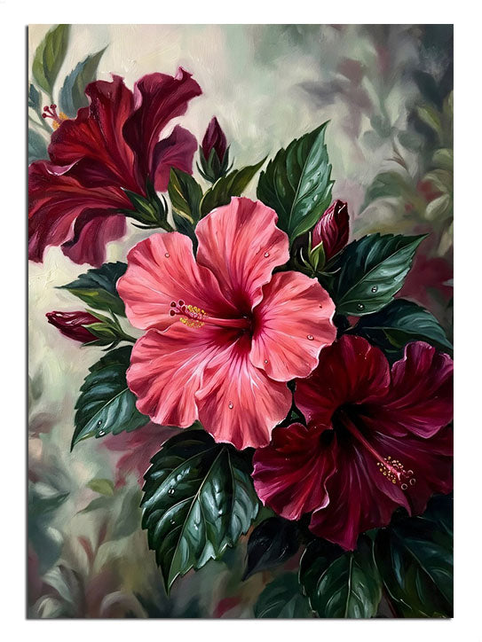Pembe hibiskus üç çiçek ve yapraklı ve yeşil