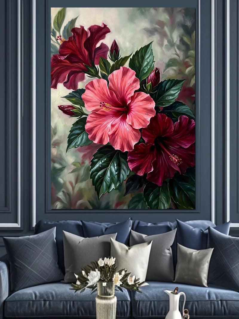 Pembe Hibiskus Üç Çiçek ve Yapraklı Kanvas Tablo