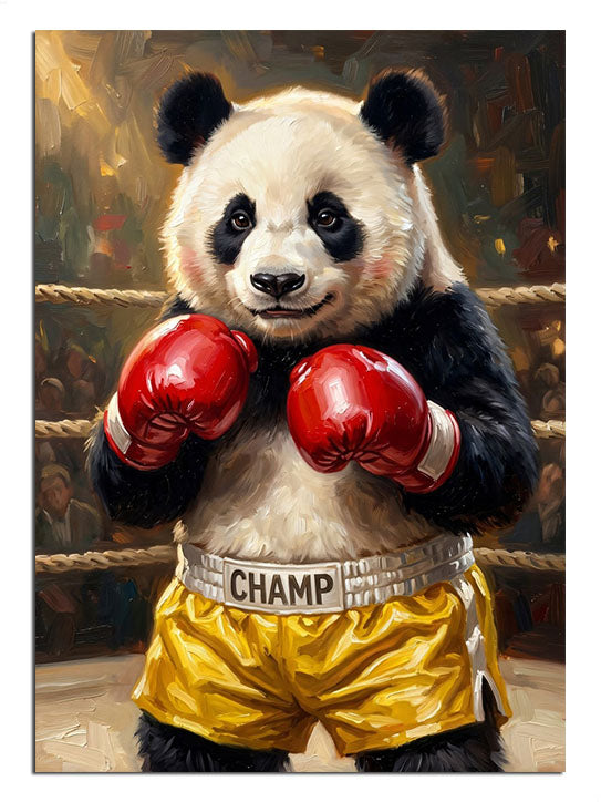 Kırmızı boks eldivenli ve sarı şortlu ve CHAMP yazılı panda boksör