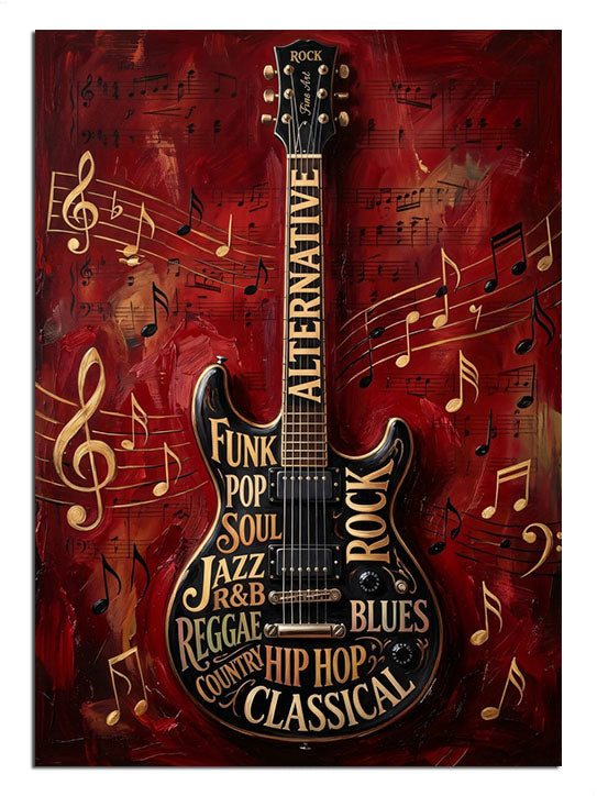 Siyah gitar ve nota ve ALTERNATIVE FUNK POP SOUL JAZZ yazılı kırmızı fon