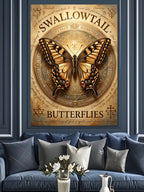 SWALLOWTAIL BUTTERFLIES Yazılı ve Kelebekli Antik Kağıt Kanvas Tablo