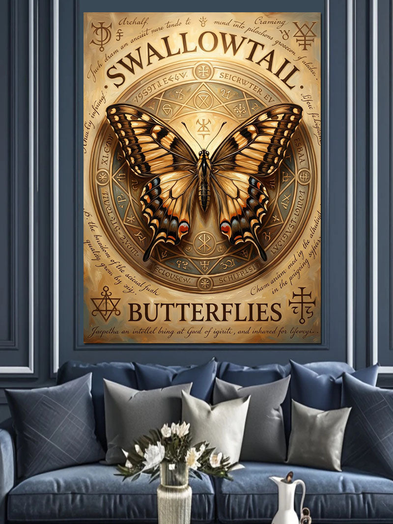 SWALLOWTAIL BUTTERFLIES Yazılı ve Kelebekli Antik Kağıt Kanvas Tablo