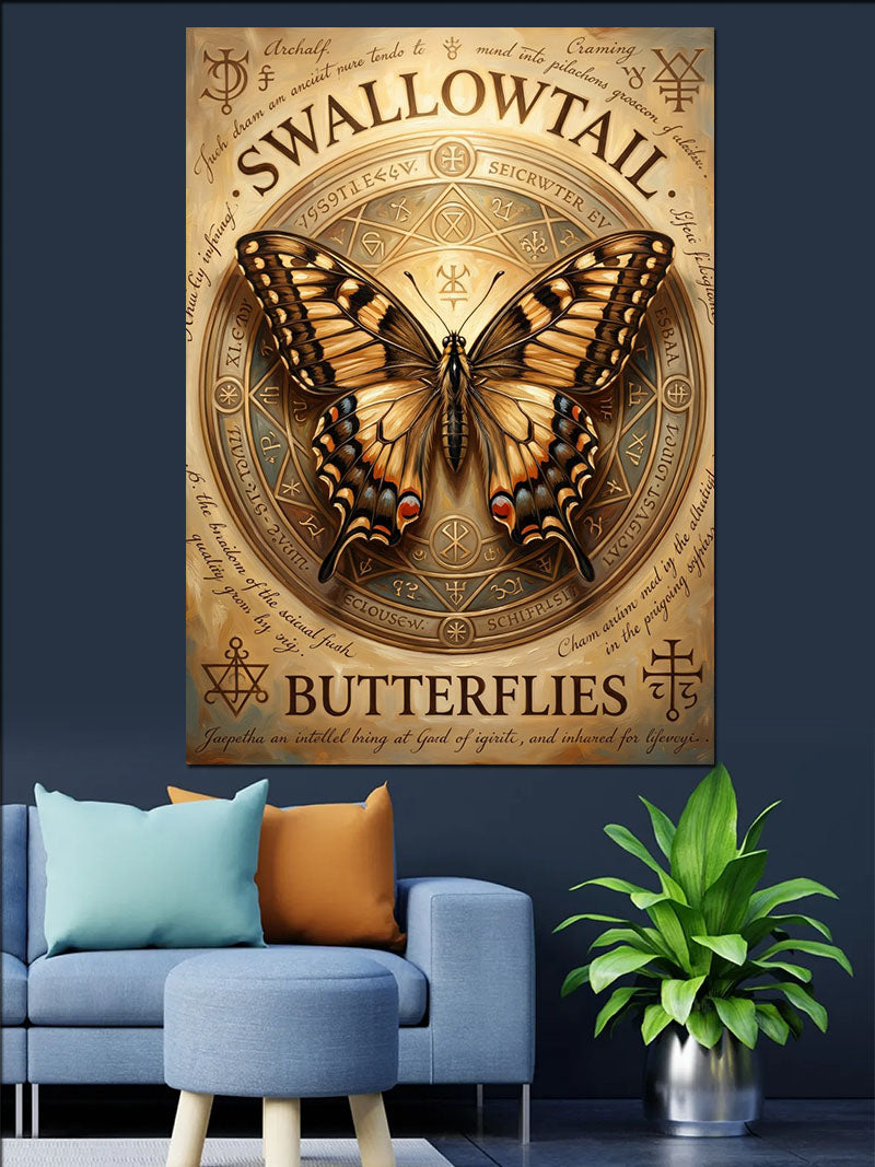 SWALLOWTAIL BUTTERFLIES Yazılı ve Kelebekli Antik Kağıt Kanvas Tablo