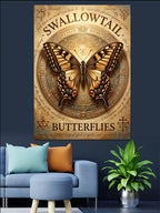SWALLOWTAIL BUTTERFLIES Yazılı ve Kelebekli Antik Kağıt Kanvas Tablo