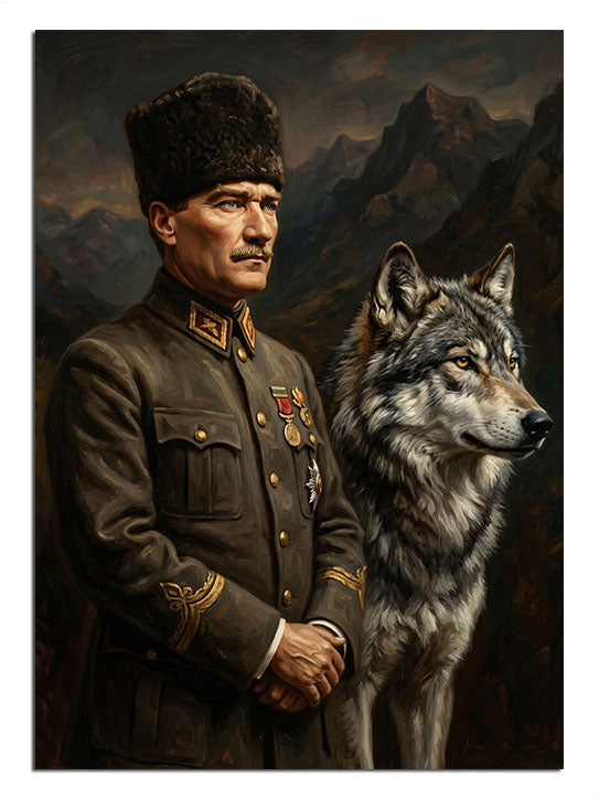 Kalpaklı Atatürk ve yanında ve askeri kıyafetli kurt