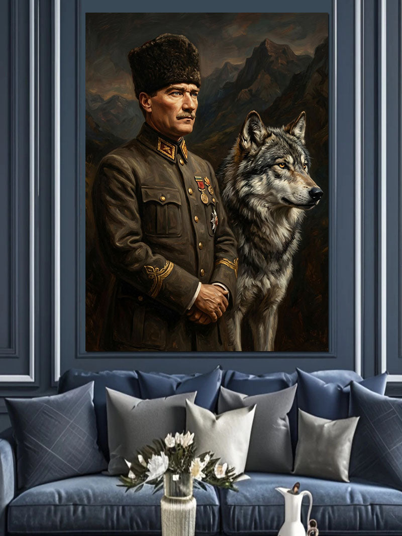 Kalpaklı Atatürk ve Yanında Kurt Kanvas Tablo