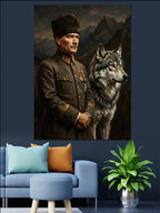 Kalpaklı Atatürk ve Yanında Kurt Kanvas Tablo