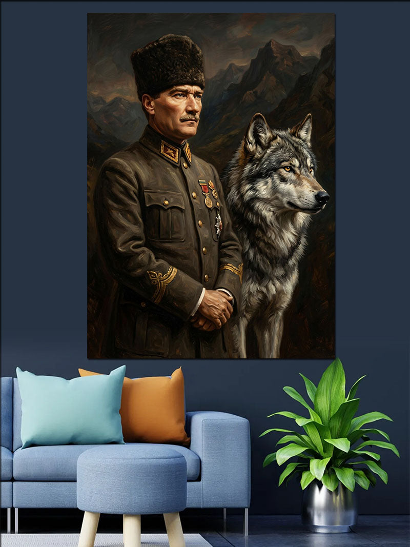 Kalpaklı Atatürk ve Yanında Kurt Kanvas Tablo