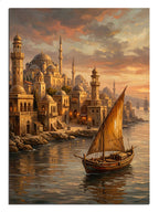 Gün batımında İstanbul ve cami ve yelkenli ve kayık