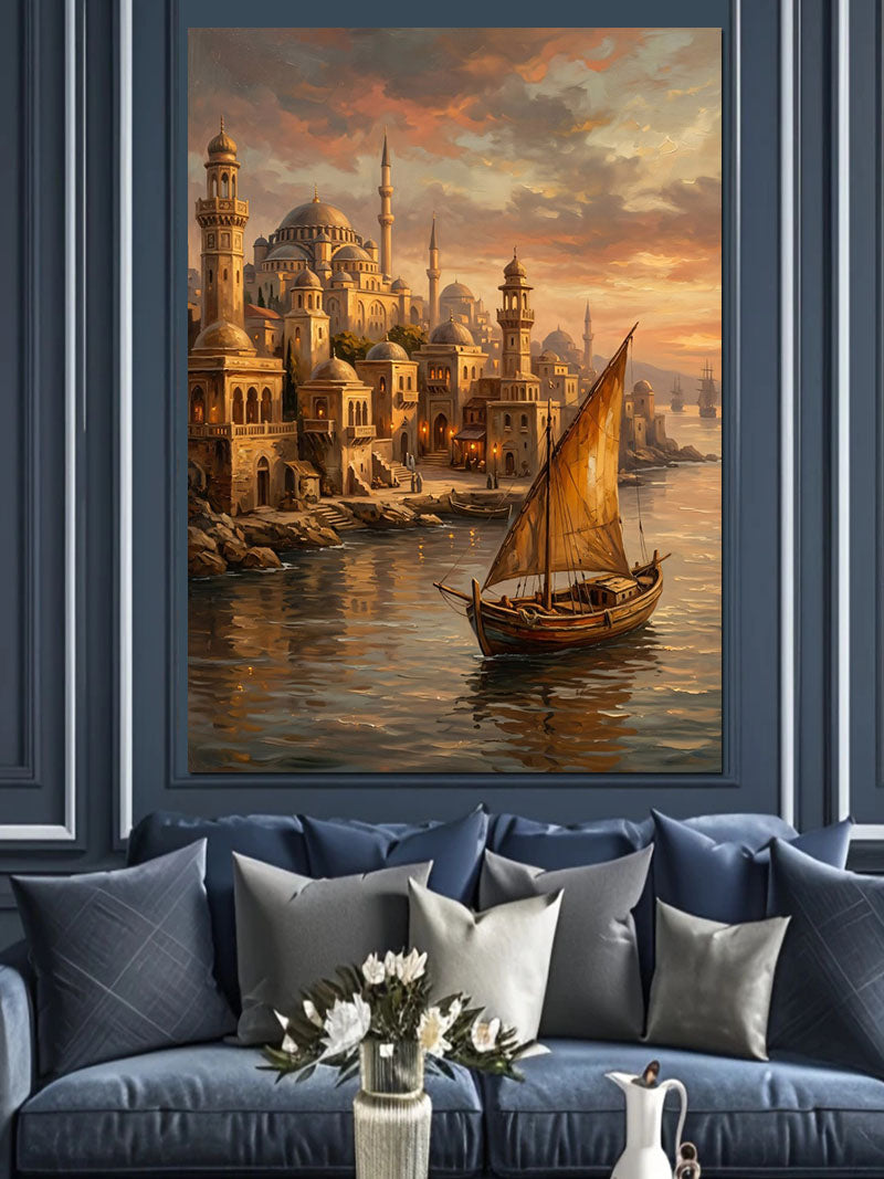 Gün Batımında İstanbul ve Cami ve Yelkenli Kayık Kanvas Tablo