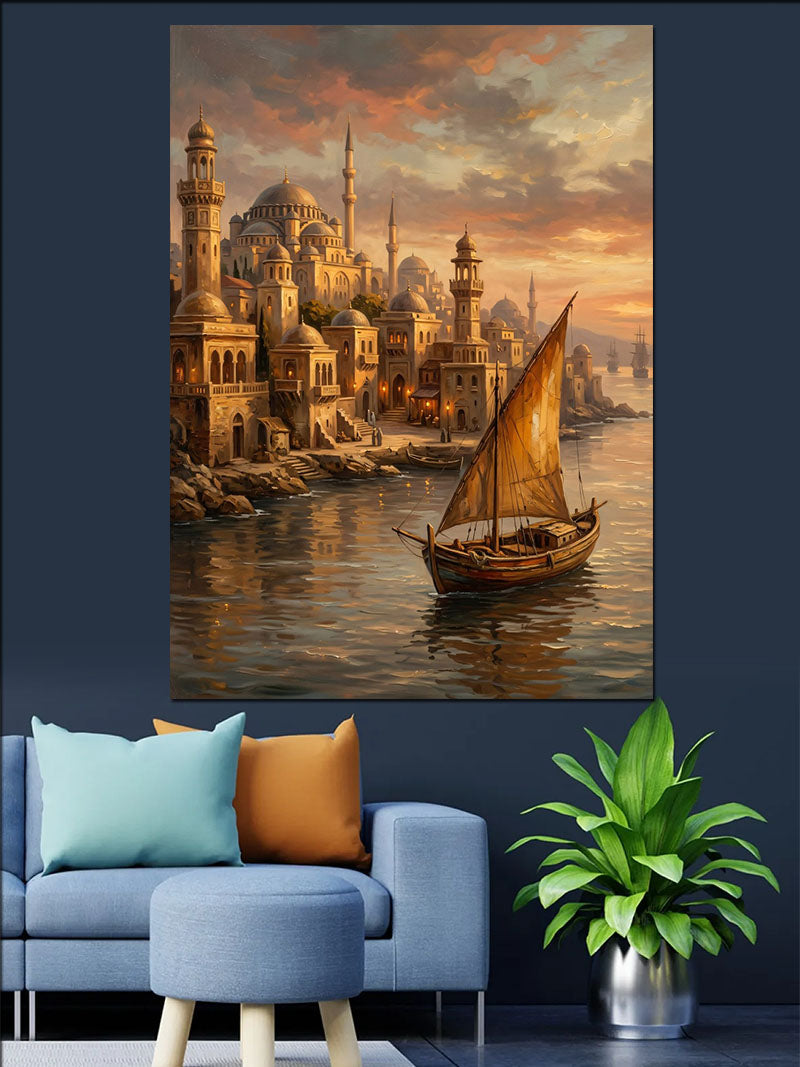 Gün Batımında İstanbul ve Cami ve Yelkenli Kayık Kanvas Tablo