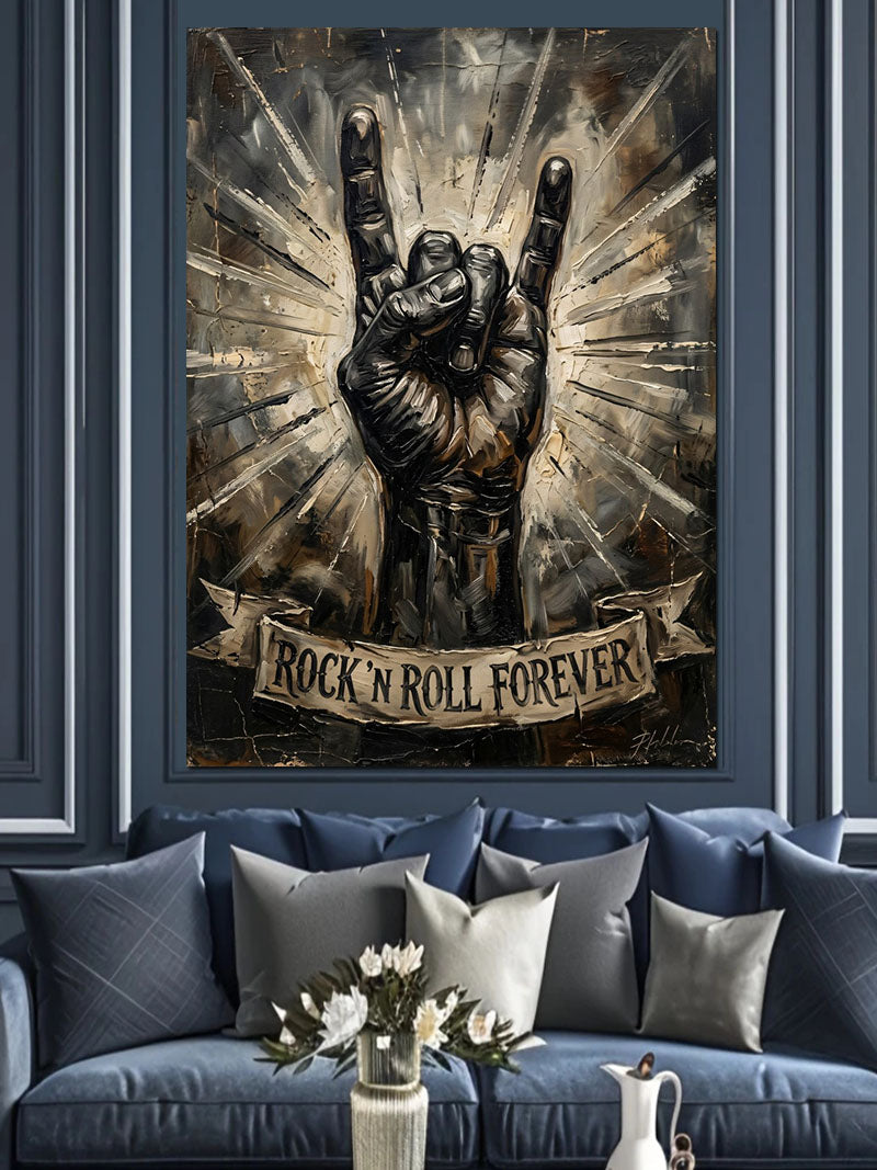 Rock N Roll ve El ve Işıklı Tabela Kanvas Tablo