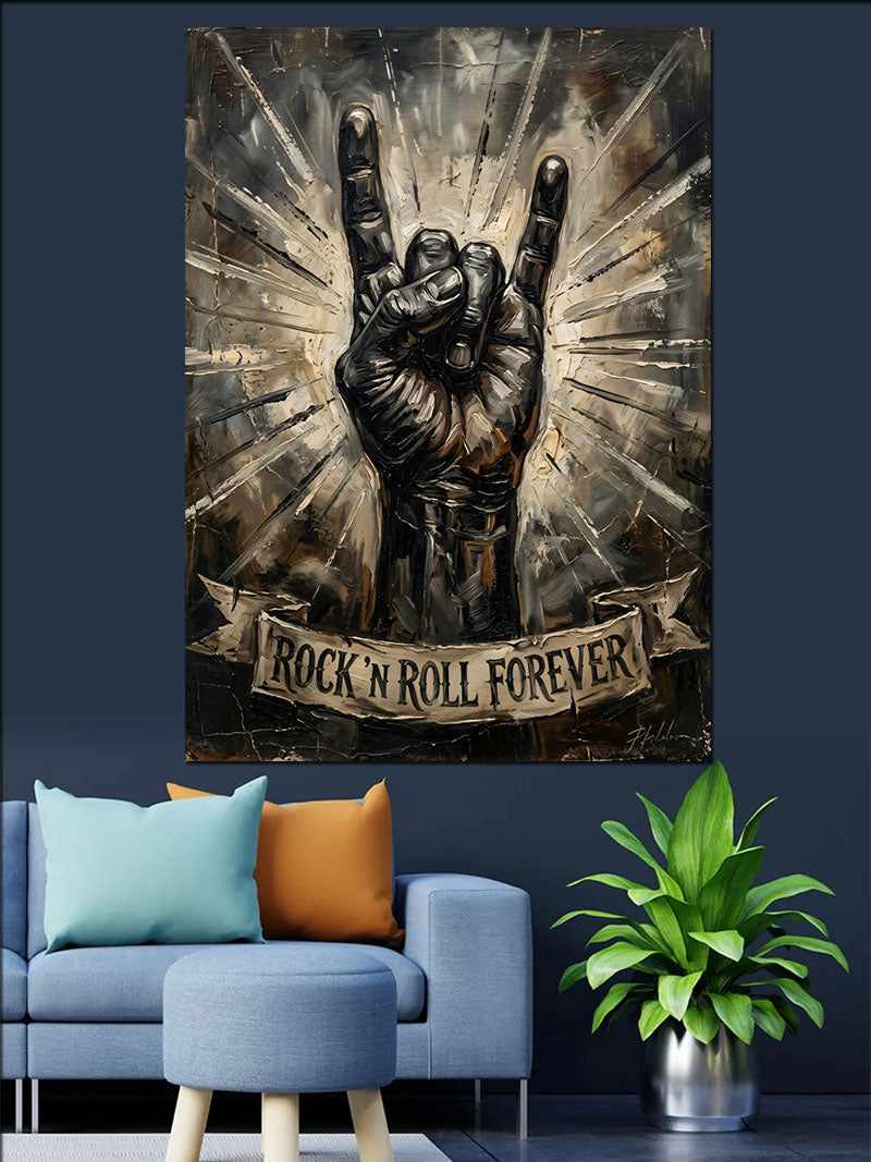 Rock N Roll ve El ve Işıklı Tabela Kanvas Tablo