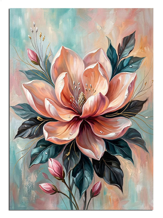 Pembe manolya büyük ve yapraklı ve tomurcuklu ve dallı