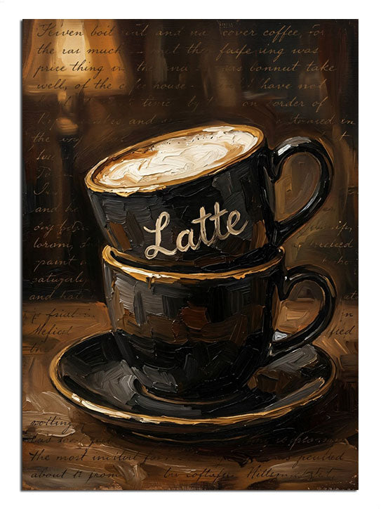 Üst üste latte ve köpüklü ve siyah ve Latte yazılı fincanlı