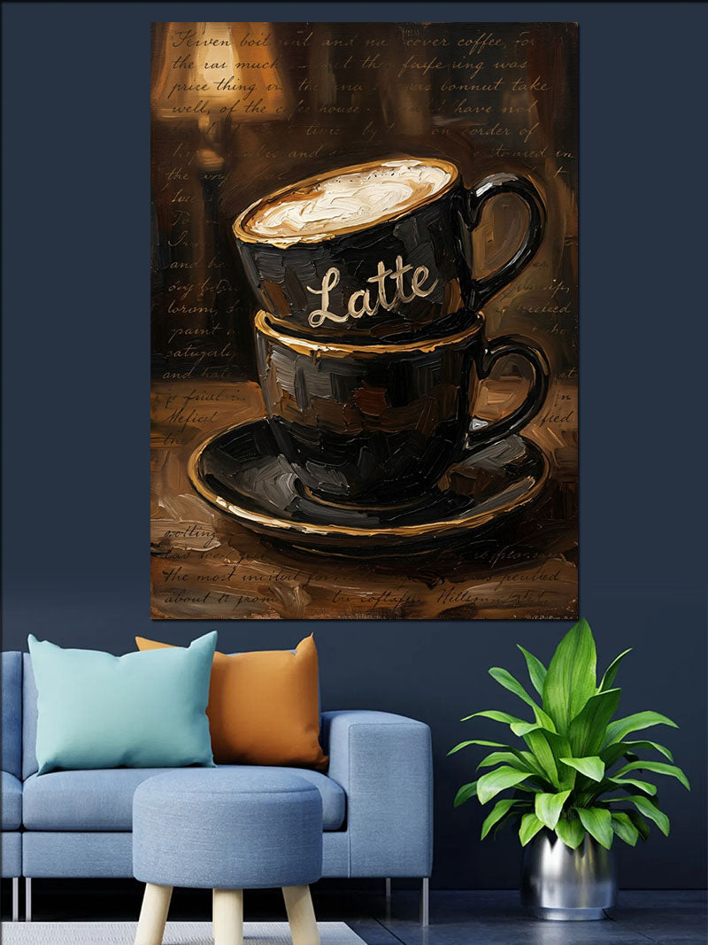 Üst Üste Latte ve Köpüklü ve Siyah Fincanlı Kanvas Tablo