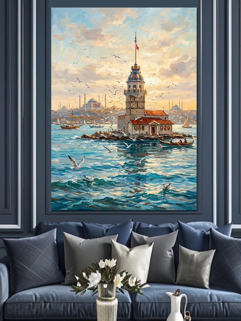 Kız Kulesi ve Martılı ve Deniz ve İstanbul Manzarası Kanvas Tablo