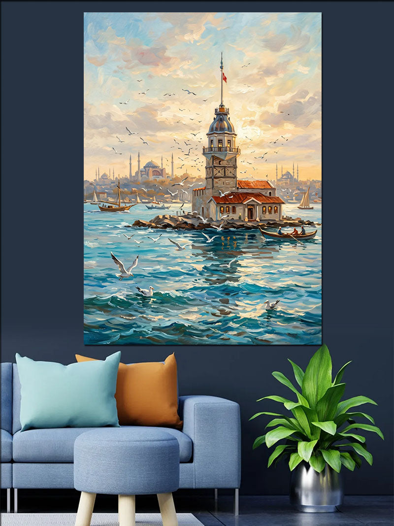 Kız Kulesi ve Martılı ve Deniz ve İstanbul Manzarası Kanvas Tablo