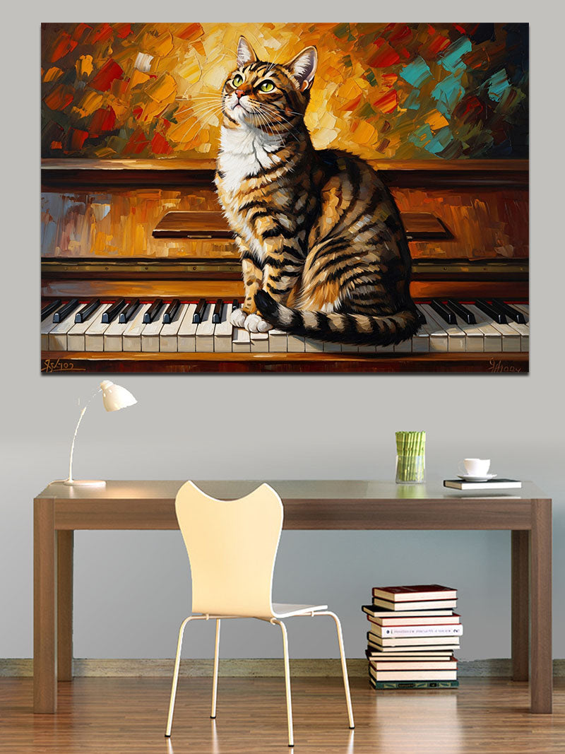 Piyano Üzerinde Oturan Tekir Kedi Kanvas Tablo